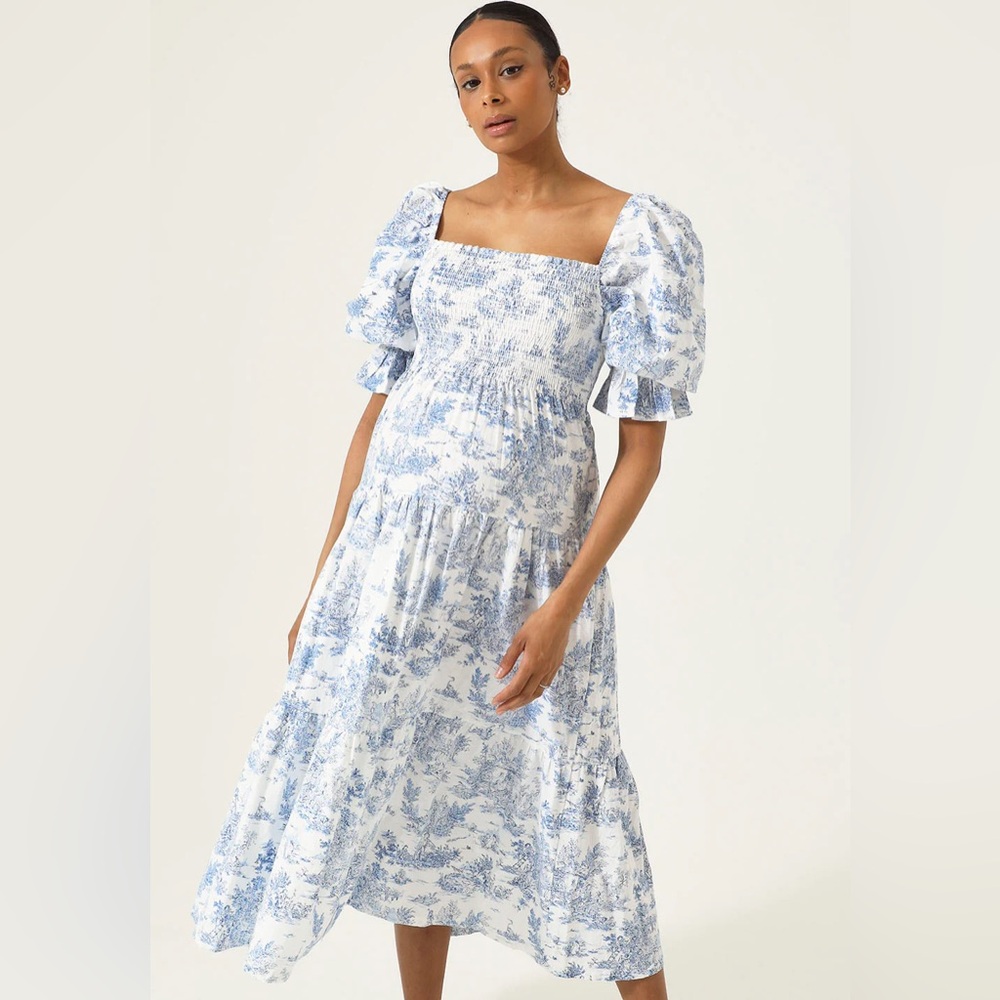 NWT Smocked Square-Neck Blue Toile Midi KIKO DRESS